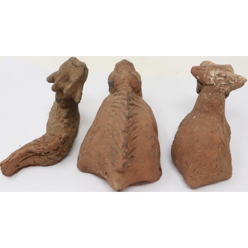 183 - Han Dynasty zoomorphic clay figure of a recumbent goat, serpent and another beast (3), largest L: 10... 