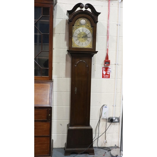 304 - George III mahogany long case clock with 45 cm brass and silvered dial, with corner mask and scroll ... 