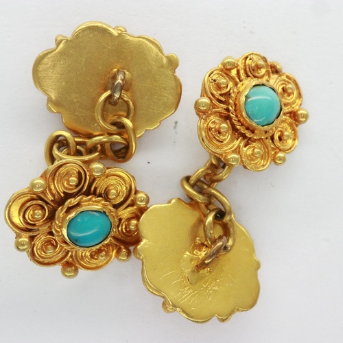 13 - Pair of yellow metal cufflinks set with turquoise cabochons, 7.1g. UK P&P Group 0 (£6+VAT for the fi... 