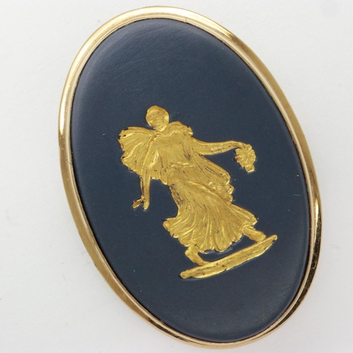 14 - Wedgwood blue Jasperware and gilt brooch, H: 42 mm. UK P&P Group 0 (£6+VAT for the first lot and £1+... 