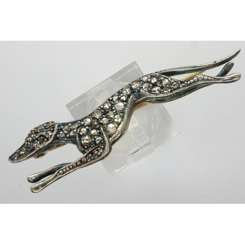 26 - Unmarked gold greyhound form brooch set with rose cut diamonds, L: 47 mm, 4.1g. UK P&P Group 0 (£6+V... 