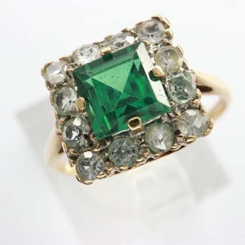 34 - 18ct gold ring set with a princess cut emerald surrounded by white topaz, size J, 1.5g. UK P&P Group... 