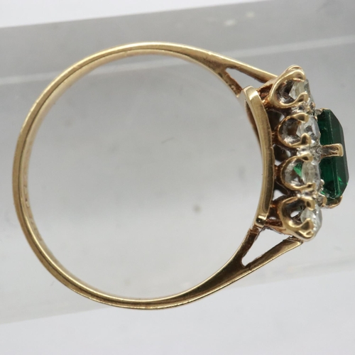 34 - 18ct gold ring set with a princess cut emerald surrounded by white topaz, size J, 1.5g. UK P&P Group... 