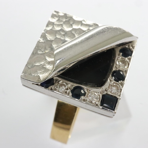 38 - 18ct gold ring set with onyx, diamonds and sapphires on a D shaped shank, size K, 11.0g. UK P&P Grou... 