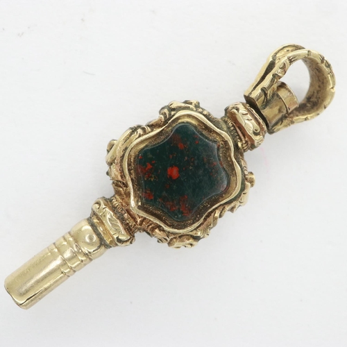 54 - Yellow metal pocket watch key set with bloodstone and topaz, L: 30 mm, 2.4g. UK P&P Group 0 (£6+VAT ... 