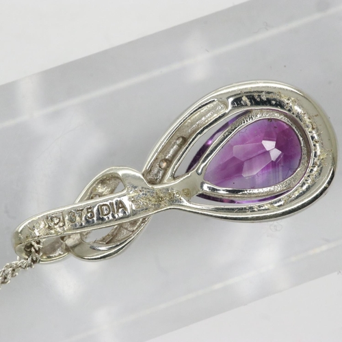 66 - 9ct white gold pendant necklace set with amethyst and diamond, chain L: 46 cm, 2.4g. UK P&P Group 0 ... 