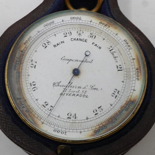 142 - Chadburn & Son Liverpool brass cased pocket aneroid barometer with integral compass and silvered dia... 