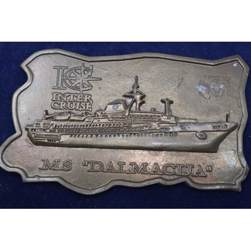 150 - MS Dalmatia brass plaque in leather case with photograph of ship. UK P&P Group 2 (£18+VAT for the fi... 