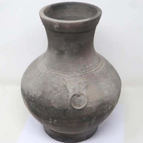 161 - Early Qing Dynasty grey clay jar, baluster form with integral faux ring handles, footed base and fla... 