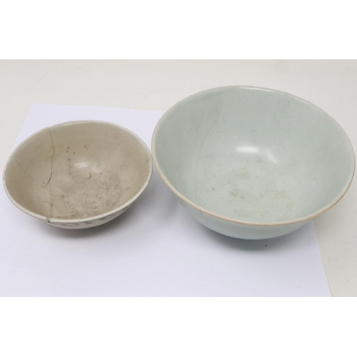 163 - 18th century Chinese celadon glazed footed bowl and a further Tek Sing Cargo bowl, both with repaire... 