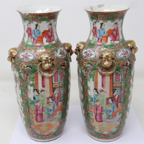 164 - Pair of hand painted Chinese Canton vases with animal mask decoration, damages to rims, H: 25 cm, ch... 