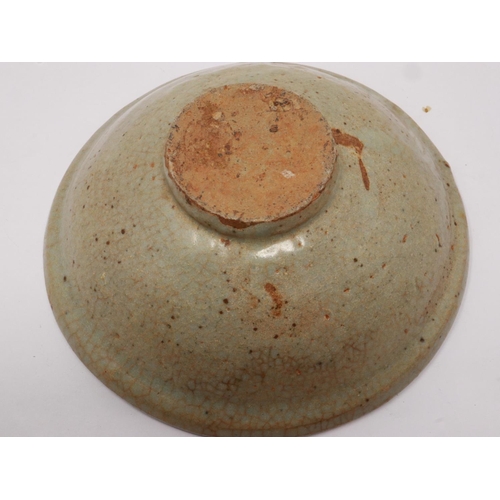 172 - Song Dynasty glazed bowl, near celadon in colour, D: 16 cm, H: 60 mm, some chips to the rim and mino... 