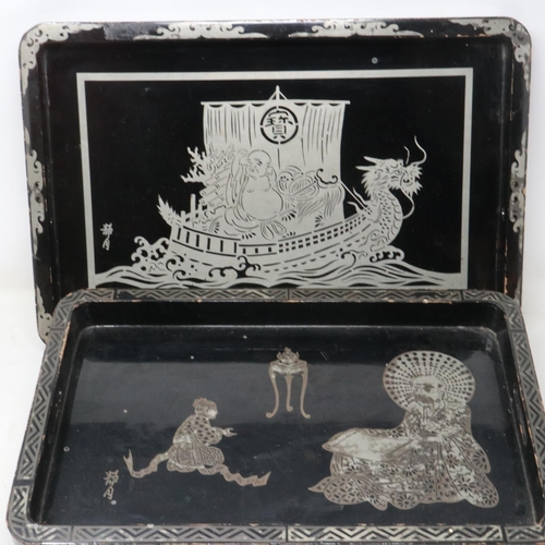 200 - Two Chinese lacquered trays with silvered figural decoration, largest 46 x 30 cm. UK P&P Group 2 (£2... 