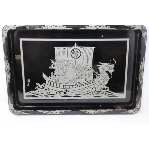 200 - Two Chinese lacquered trays with silvered figural decoration, largest 46 x 30 cm. UK P&P Group 2 (£2... 