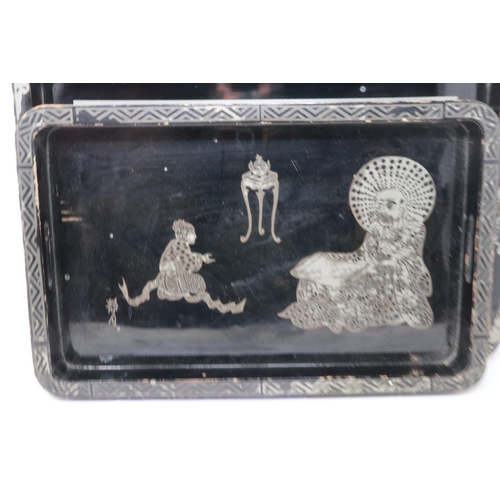 200 - Two Chinese lacquered trays with silvered figural decoration, largest 46 x 30 cm. UK P&P Group 2 (£2... 