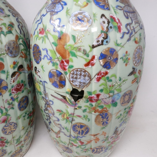 201 - Large pair of Chinese Canton Famille Rose porcelain celadon glazed vases, each of tied bag form, wit... 