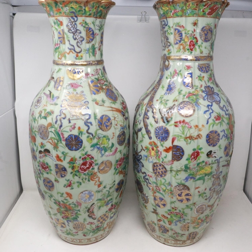 201 - Large pair of Chinese Canton Famille Rose porcelain celadon glazed vases, each of tied bag form, wit... 