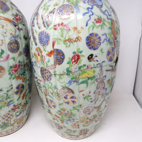 201 - Large pair of Chinese Canton Famille Rose porcelain celadon glazed vases, each of tied bag form, wit... 