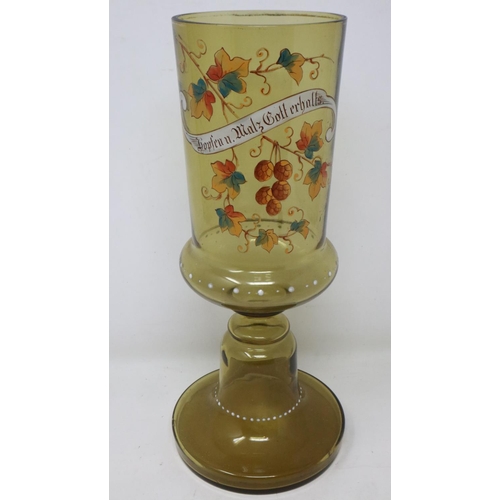 271 - German hand painted tall glass chalice, H: 30 cm. Not available for in-house P&P