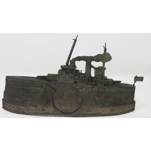 288 - Vintage cast metal ship moneybox for Hamburg, L: 18 cm. UK P&P Group 1 (£16+VAT for the first lot an... 