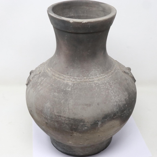 161 - Early Qing Dynasty grey clay jar, baluster form with integral faux ring handles, footed base and fla... 