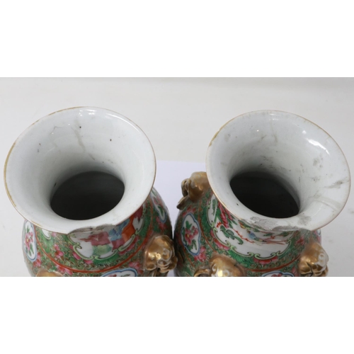 164 - Pair of hand painted Chinese Canton vases with animal mask decoration, damages to rims, H: 25 cm, ch... 