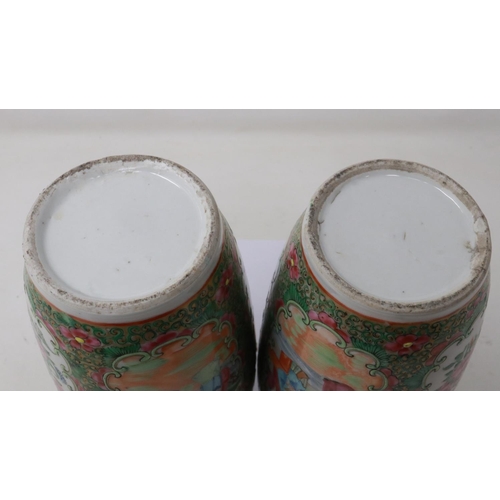 164 - Pair of hand painted Chinese Canton vases with animal mask decoration, damages to rims, H: 25 cm, ch... 