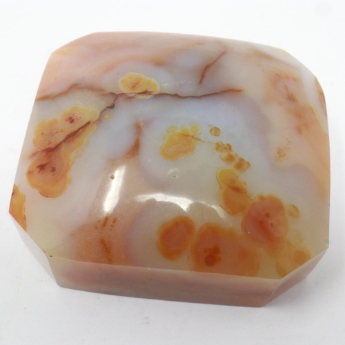 174 - Domed block of unusual agate, mostly peach in colour with striations similar to moss agate, 60 x 55 ... 