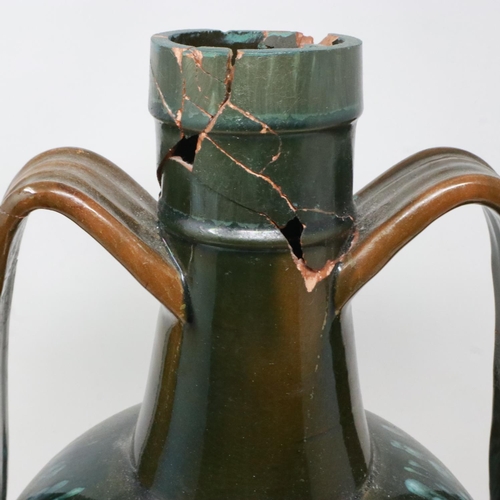 232 - Christopher Dresser designed Linthorpe twin handled vase, signed Dresser, badly damaged and re-glued... 