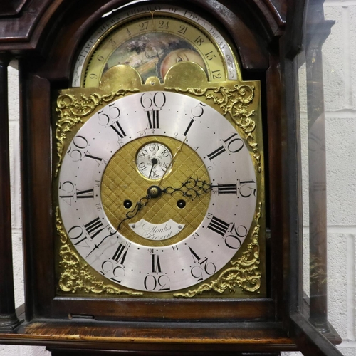 303 - Monks of Prescott, oak cased longcase clock, arched brass dial with a silvered Roman and Arabic chap... 