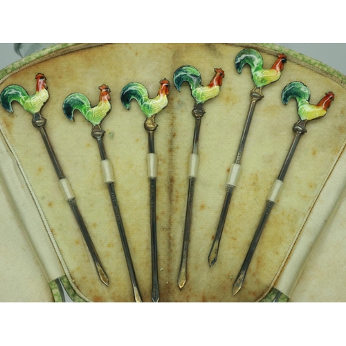 125 - Set of six sterling silver cocktail sticks with enamelled cockerel finials, leather cased. UK P&P Gr... 