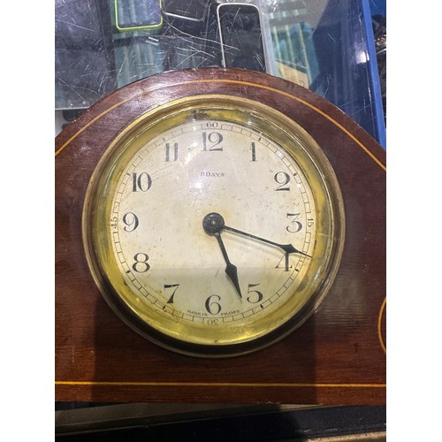 1062 - Inlaid Edwardian 8 day mantel clock, working at lotting, internal 9 cm, 9.5 cm front. UK P&P Group 1... 