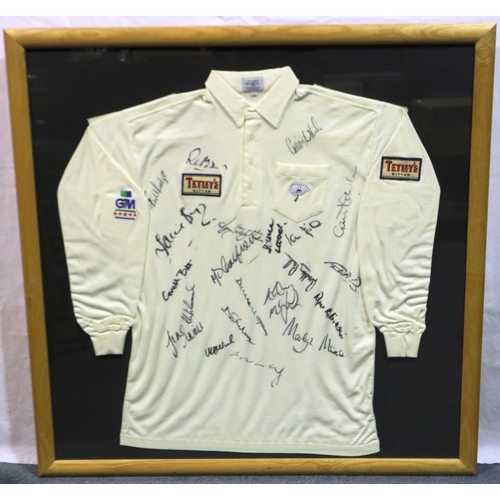 2036 - Cricket white long sleeve 5GM Star shirt, Tetleys, signed by the 1995 Yorkshire Team, professionally... 