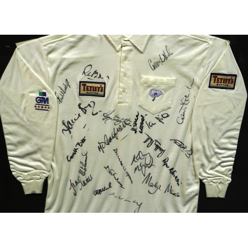 2036 - Cricket white long sleeve 5GM Star shirt, Tetleys, signed by the 1995 Yorkshire Team, professionally... 