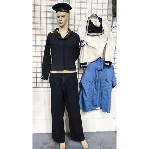 2117 - American post-war US Navy uniform, comprising jumper, trousers and cap, with further naval shirts. U... 