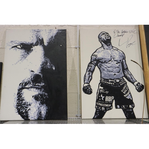 2027 - Three canvas paintings, including Quinton Rampage Jackson eyeing Wanderlei Silva, one signed, each 9... 