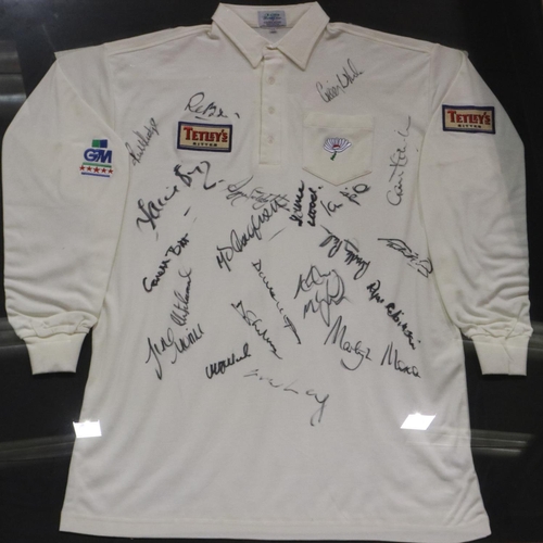 2036 - Cricket white long sleeve 5GM Star shirt, Tetleys, signed by the 1995 Yorkshire Team, professionally... 