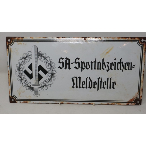 2047 - Third Reich enamelled sign: SA SPORTS REPORTING AREA, 40 x 20 cm. UK P&P Group 2 (£20+VAT for the fi... 