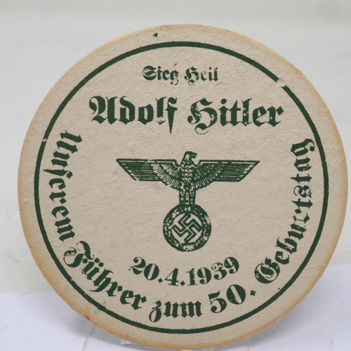 2062 - WWII German beer mat, celebrating Hitlers Birthday. UK P&P Group 1 (£16+VAT for the first lot and £2... 