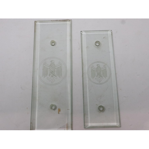 2076 - Two rare Third Reich etched glass finger plates, removed from doors in a Government building (brass ... 