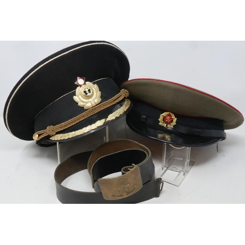 2087 - Soviet Russian Naval commanders visor cap and belt, with a further Bulgarian (Soviet States) cap (3)... 