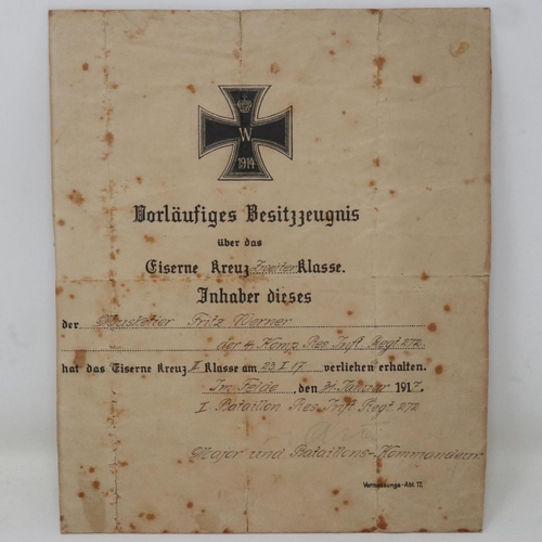 2093 - Imperial German WWI citation for the Iron Cross 2nd class, to Musketier Fritz Werner, Reserve Infant... 