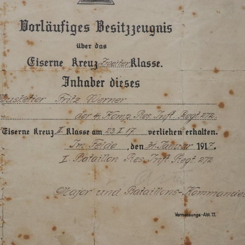 2093 - Imperial German WWI citation for the Iron Cross 2nd class, to Musketier Fritz Werner, Reserve Infant... 