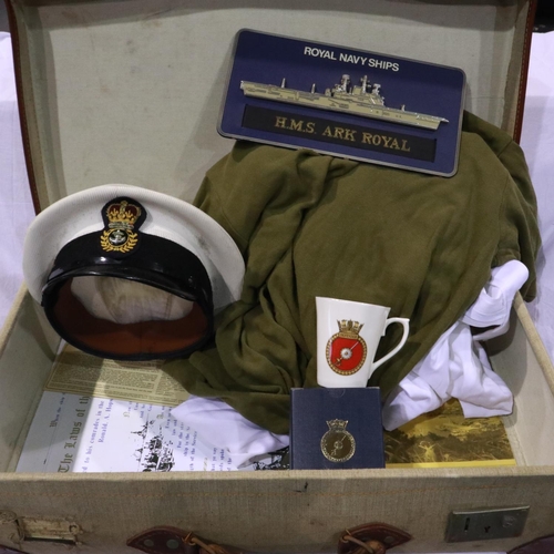 2115 - 1981 dated British de-mob case, with contents of HMS Ark Royal and other RN related items, officers ... 