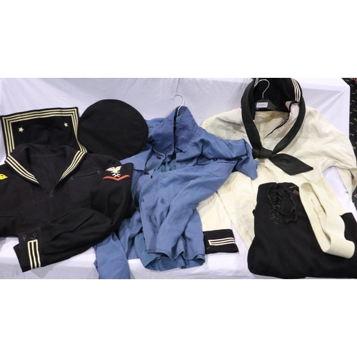 2117 - American post-war US Navy uniform, comprising jumper, trousers and cap, with further naval shirts. U... 