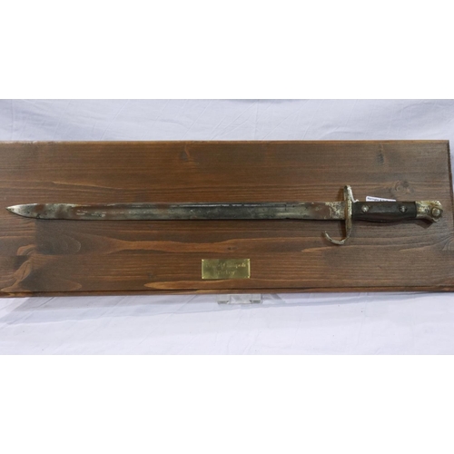 2149 - WWI bayonet recovered from Gallipoli, later mounted on a presentation plinth. UK P&P Group 2 (£20+VA... 