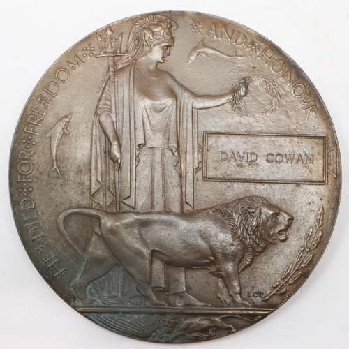 2156 - ***WITHDRAWN*** British WWI bronze death plaque, attributed to David Cowan, South Wales Borderers. U... 