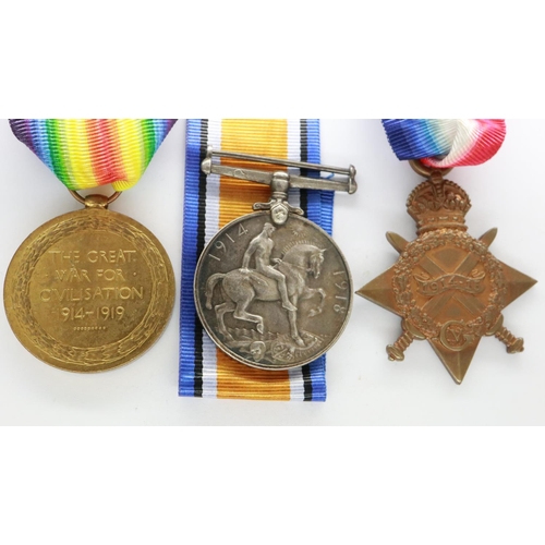 2198 - WWI medal group (pair and 1914-15 star), named to 12338 Lance Corporal / Private J.S. Bowen, South W... 