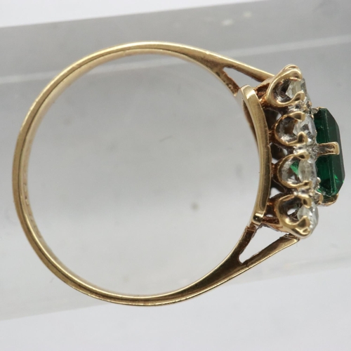 10 - 18ct gold ring set with a princess cut emerald surrounded by white topaz, size J, 1.5g. UK P&P Group... 