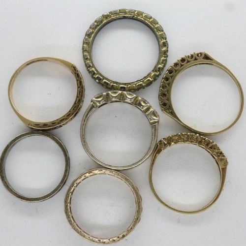 16 - Four 9ct gold stone set rings, various sizes, plus three silver rings, two rings lacking stones, gol... 